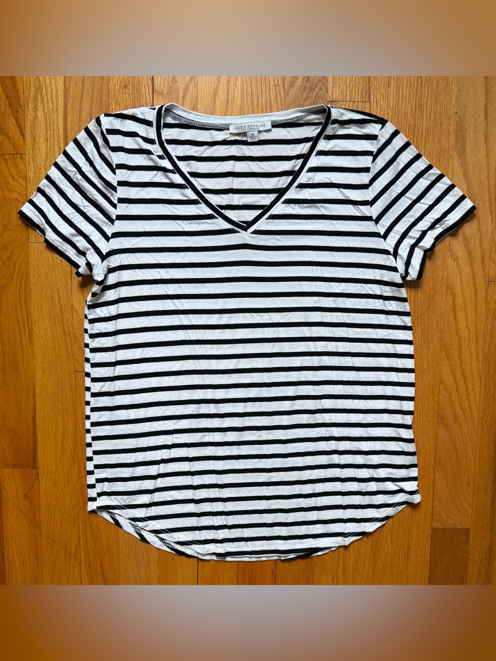 Green Envelope Black & White Striped V-Neck Short Sleeve Tee